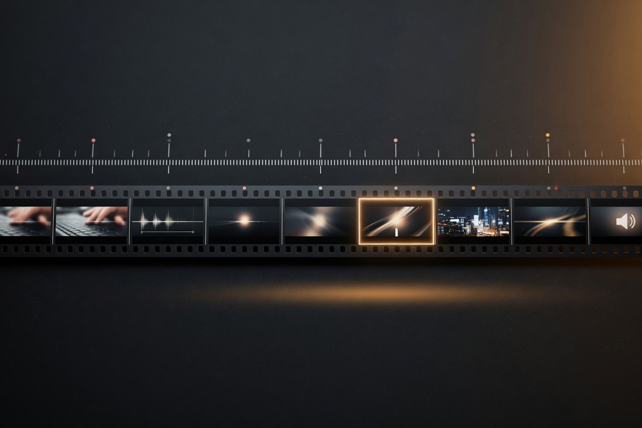 A film strip on a dark surface with one frame selected and glowing, beneath a precise timecode ruler with comment markers